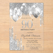 Stilvolle Silver Glitzer Tropfen Balloons 90. Birt Acryleinladungen (Vorderseite)