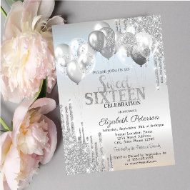 Stilvolle Silver Glitzer Tropfen Balloons Sweet 16 Einladung