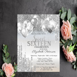 Stilvolle Silver Glitzer Tropfen Balloons Sweet 16 Einladung