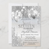 Stilvolle Silver Glitzer Tropfen Balloons Sweet 16 Einladung (Vorderseite)