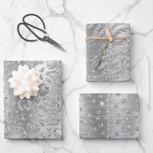 Stilvolle Silver Glitzer Wild Big Cat Animal Muste Geschenkpapier Set (Vorderseite)