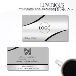Stilvolle Silver Gray Curved Lines Logo und QR Cod Visitenkarte