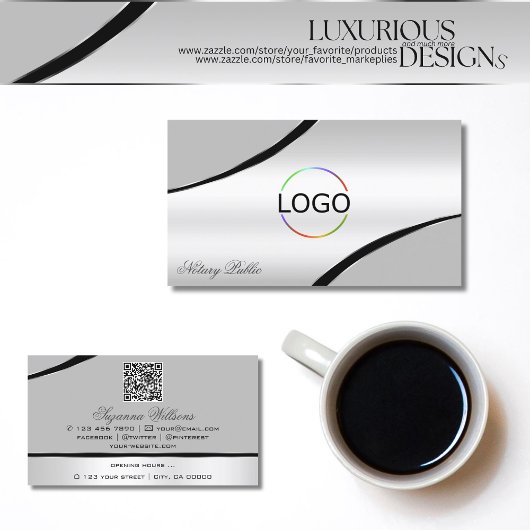 Stilvolle Silver Gray Curved Lines Logo und QR Cod Visitenkarte