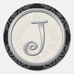Stilvolle Silver Monogram Stickers::Initial J Sieg Runder Aufkleber