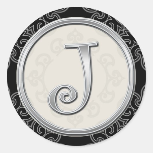 Stilvolle Silver Monogram Stickers::Initial J Sieg Runder Aufkleber (Vorderseite)