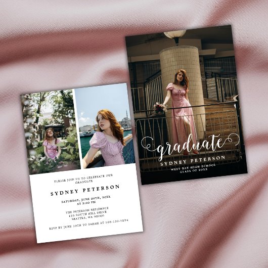 Stilvolle Skripte Moderne 3-Foto-Graduierungsparte Einladung
