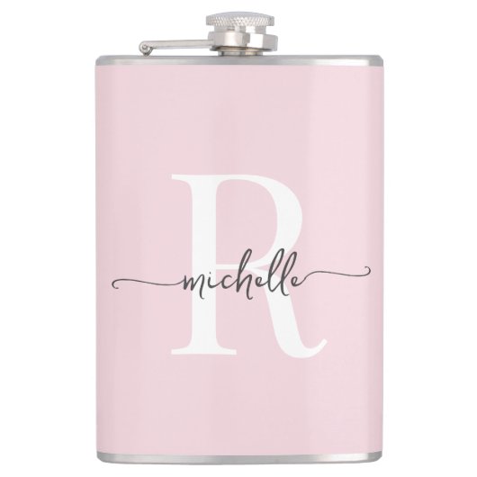 Stilvolle Skripte Moderner Blush Pink Monogram Nam Flachmann (Vorderseite)