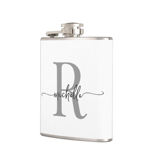 Stilvolle Skripte Moderner Name des weißen Monogra Flachmann (Links)