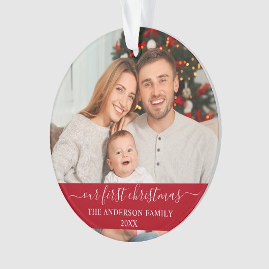 Stilvolle Skripte Unsere erste Weihnachtsfamilie R Ornament (Vorderseite)
