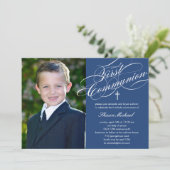 Stilvolle Skripteinladung Erste Kommunion - Blau Einladung (Stehend Vorderseite)