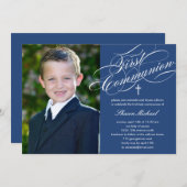 Stilvolle Skripteinladung Erste Kommunion - Blau Einladung (Vorne/Hinten)