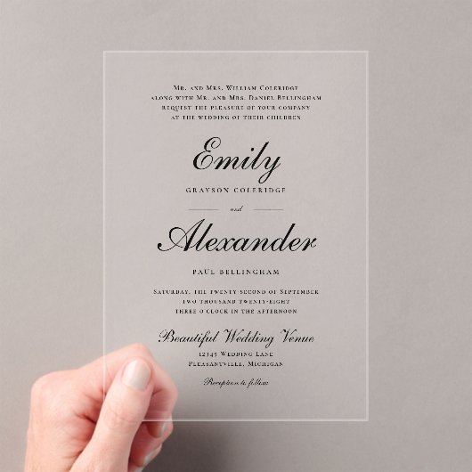 Stilvolle Skripteinladung zur Schwarz-weißen Hochz Acryleinladungen (Insitu (Handheld))