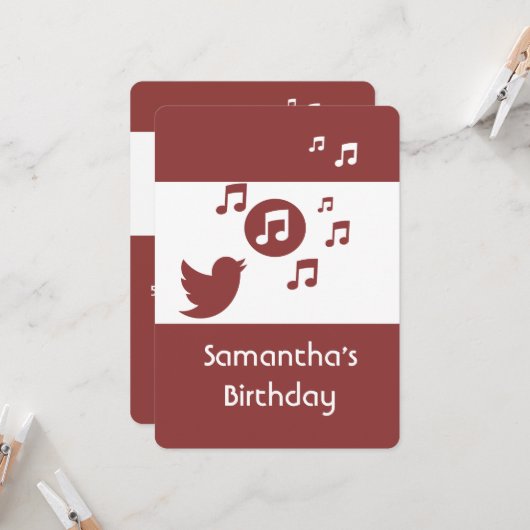 Stilvolle Songbird Musiknote Geburtstagsparty Einladung (Vorderseite/Rückseite Beispiel)
