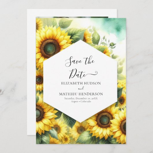 Stilvolle Sonnenblumenhochzeit Save The Date (Vorne/Hinten)