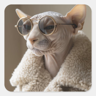 Stilvolle Sphynx-Katze in Sonnenbrille und Sherpa- Quadratischer Aufkleber