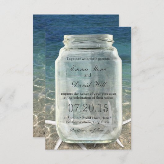 Stilvolle Starfish & Mason Jar Blue Beach Wedding Einladung (Vorne/Hinten)
