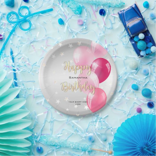 Stilvolle Starry Happy Birthday und Rosa Balloons Pappteller (Party)