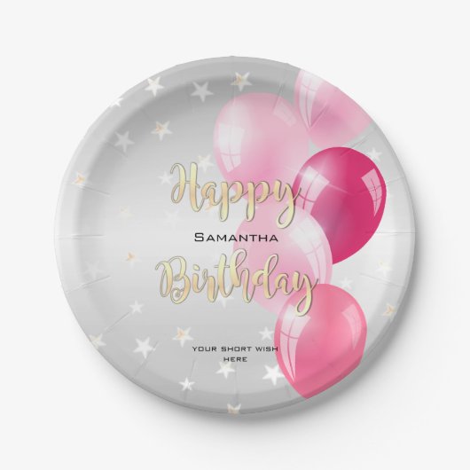 Stilvolle Starry Happy Birthday und Rosa Balloons Pappteller (Vorderseite)