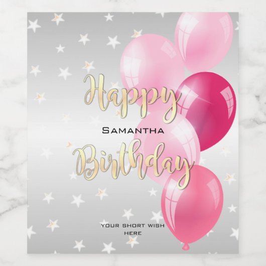Stilvolle Starry Happy Birthday und Rosa Balloons Weinetikett (Einzelnes Label)