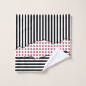 Stilvolle Streifen Net schwarz, weiß, rot Layered Badhandtuch Set (Waschlappen)