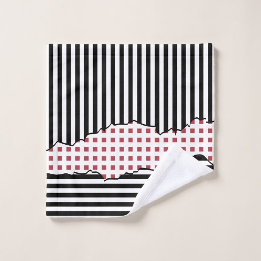 Stilvolle Streifen Net schwarz, weiß, rot Layered Badhandtuch Set (Waschlappen)