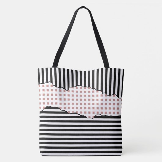 Stilvolle Streifen Netz in Schwarz, Weiß und Rosa Tasche (Rückseite)
