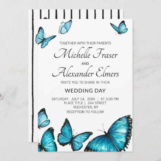 Stilvolle Streifen Schwarz-weiß. Butterflies Hochz Einladung (Vorne/Hinten)