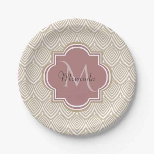 Stilvolle Tan Arched Scallops Mauve Monogram Name Pappteller (Vorderseite)