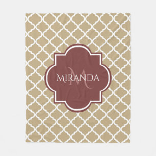Stilvolle Tan Quatrefolie Burgundy Monogram und Na Fleecedecke