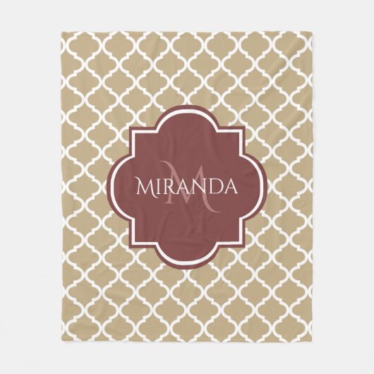 Stilvolle Tan Quatrefolie Burgundy Monogram und Na Fleecedecke (Vorderseite)