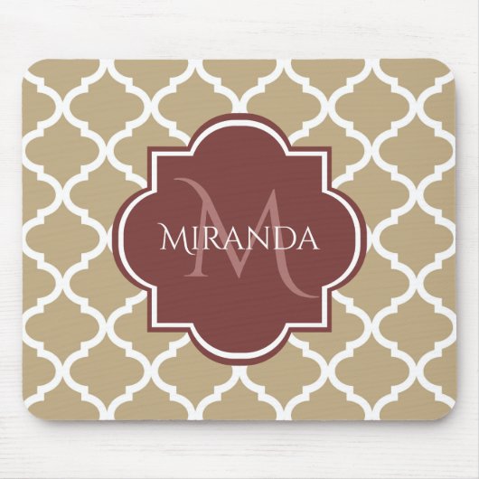 Stilvolle Tan Quatrefolie Burgundy Monogram und Na Mousepad (Vorne)
