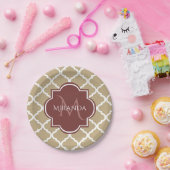 Stilvolle Tan Quatrefolie Burgundy Monogram und Na Pappteller (Party)