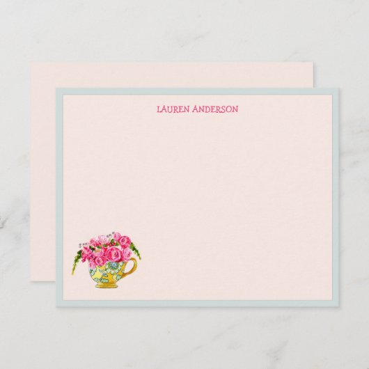 Stilvolle Tasse Tee mit rosa Rosen flach Danke (Vorne/Hinten)