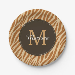 Stilvolle Tawny Brown Zebra Print Monogram und Nam Pappteller