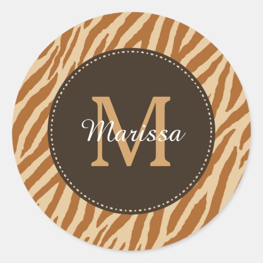Stilvolle Tawny Brown Zebra Print Monogram und Nam Runder Aufkleber (Vorderseite)