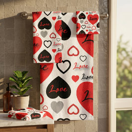 Stilvolle, trendige Rot- und Schwarz-Liebe-Herzmus Badhandtuch Set