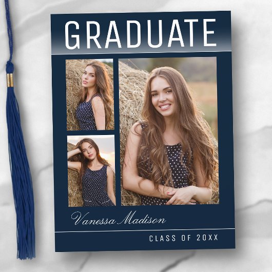 Stilvolle Trendy Chic 3 Foto Navy Blue Abschluss Postkarte