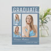 Stilvolle Trendy Modern 3 Foto Blue Abschluss Ankündigung (Stehend Vorderseite)