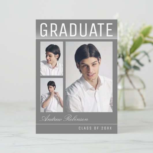 Stilvolle Trendy Modern 3 Foto Gray Abschluss Ankündigung (Stehend Vorderseite)