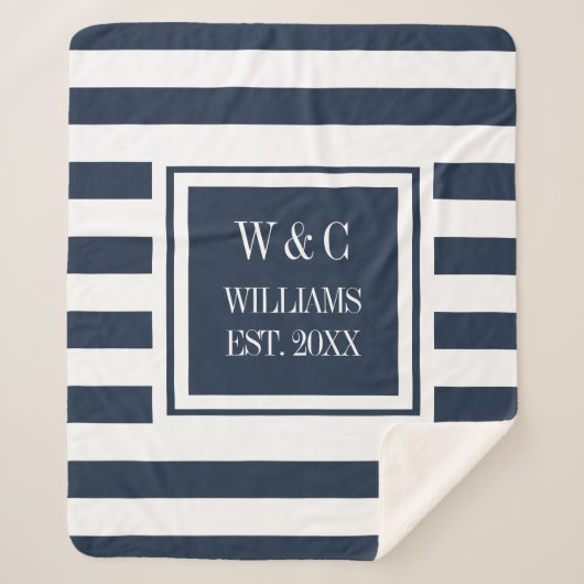 Stilvolle Trendy Monogram Navy Blue White Stripe Sherpadecke (Vorderseite)