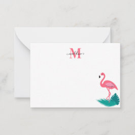 Stilvolle Tropische Blätter Monogram Pink Flamingo Mitteilungskarte