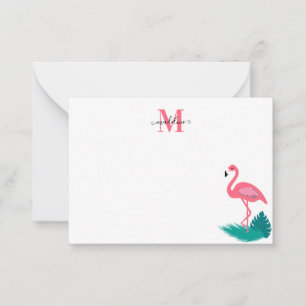 Stilvolle Tropische Blätter Monogram Pink Flamingo Mitteilungskarte