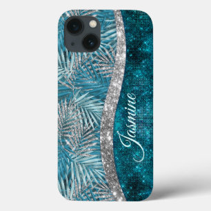 Stilvolle türkisfarbene silberne Glitzer Blätter m Case-Mate iPhone Hülle