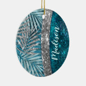 Stilvolle türkisfarbene silberne Glitzer Blätter m Keramik Ornament (Rechts)