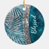 Stilvolle türkisfarbene silberne Glitzer Blätter m Keramik Ornament (Hinten)