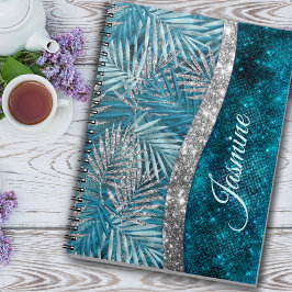 Stilvolle türkisfarbene silberne Glitzer Blätter m Notizblock