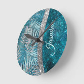 Stilvolle türkisfarbene silberne Glitzer Blätter m Runde Wanduhr (Winkel)