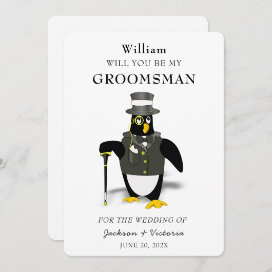 Stilvolle Tuxedoed Penguin Trauzeuge Einladung (Vorne/Hinten)
