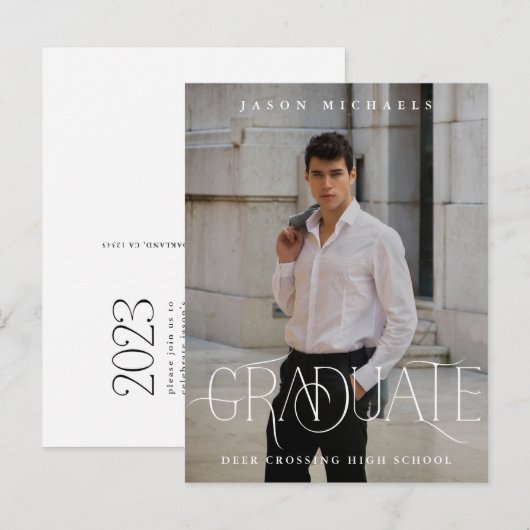 Stilvolle Type Foto Graduation Party Ankündigungspostkarte (Vorne/Hinten)