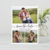 Stilvolle Typografie 3 Foto Collage Wedding Save The Date (Stehend Vorderseite)